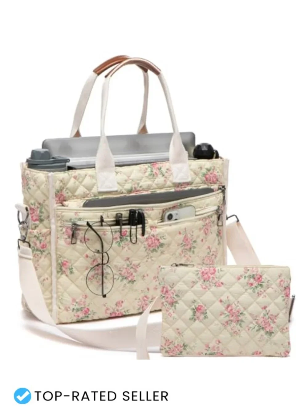 Quilted Cotton Tote Bag with 14 Pockets, Laptop Compartment, Crossbody Strap